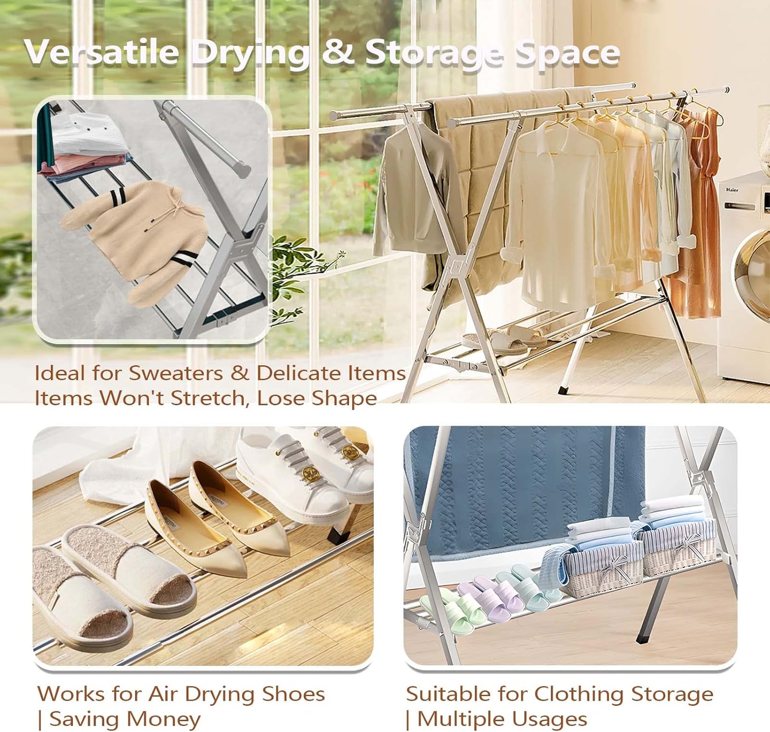 JAUREE Clothes Drying Rack 2 Tiers, Heavy Duty Drying Rack Clothing Folding Indoor Outdoor, Stainless Steel Laundry Drying Rack, Foldable Garment Rack with 20 Windproof Hooks (84 Inches) - NestledHome