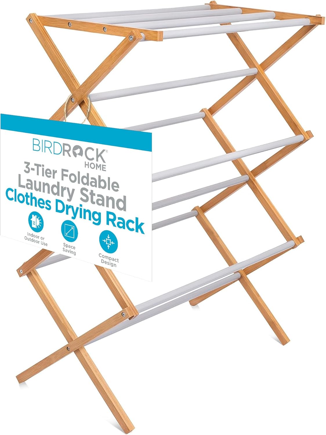 BirdRock Home Wooden Clothes Drying Rack | 3-Tier Foldable Bamboo Laundry Stand | Water-Resistant, Fully Assembled, Collapsible Indoor/Outdoor Dryer for Hanging Clothes | Grey - NestledHome