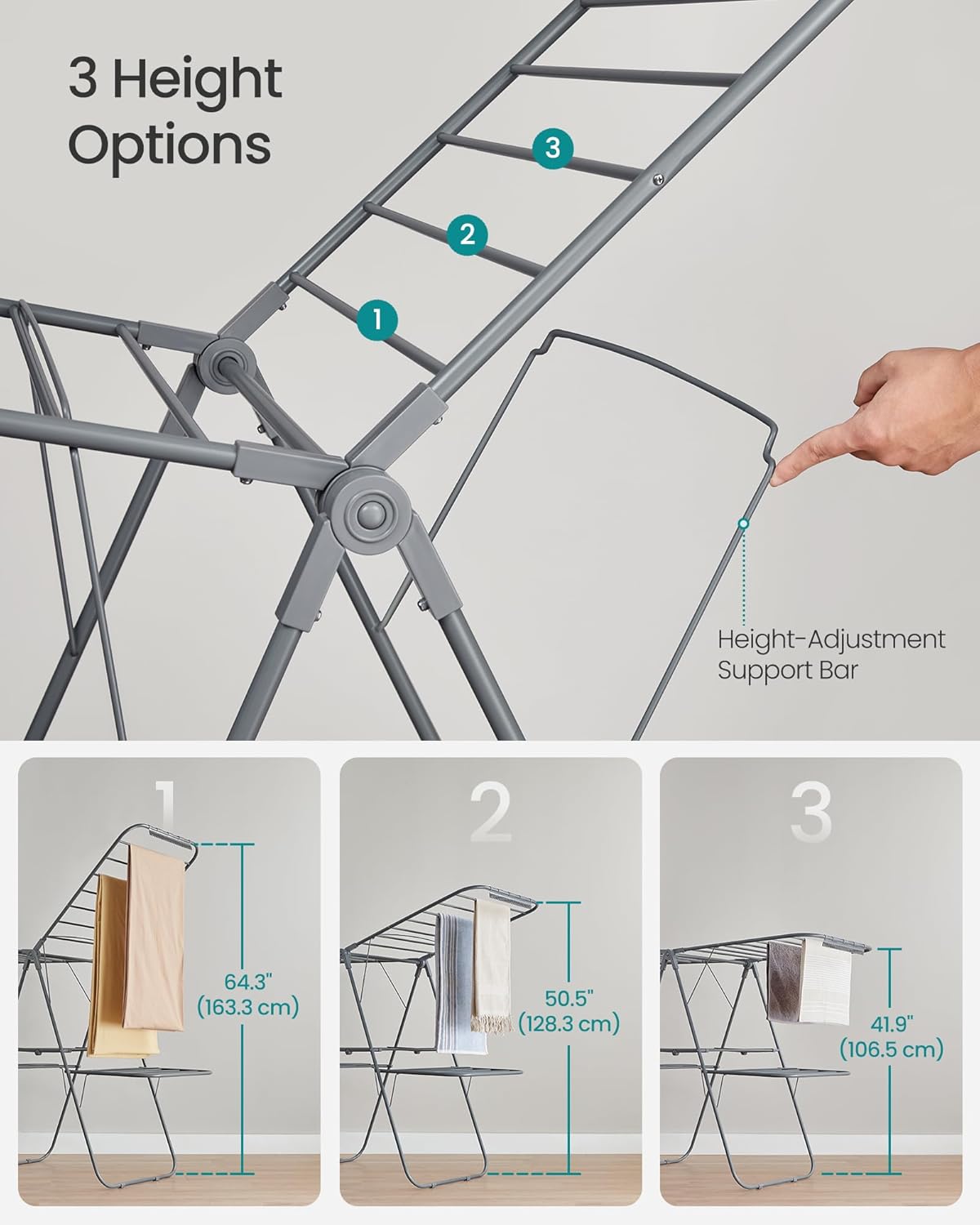 SONGMICS Clothes Drying Rack, Foldable 2-Level Laundry Drying Rack, Free-Standing Laundry Airer, with Height-Adjustable Wings, 33 Drying Rails, Sock Clips, Gray ULLR053G02V1 - NestledHome