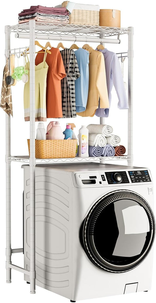 Over Washer and Dryer Shelves,2 Tier Adjustable Height Wire Shelving Laundry Room Storage Organization Clothes Drying Rack with Hanger Rod&Hooks,Space Saving Organizers Shelf,White - NestledHome