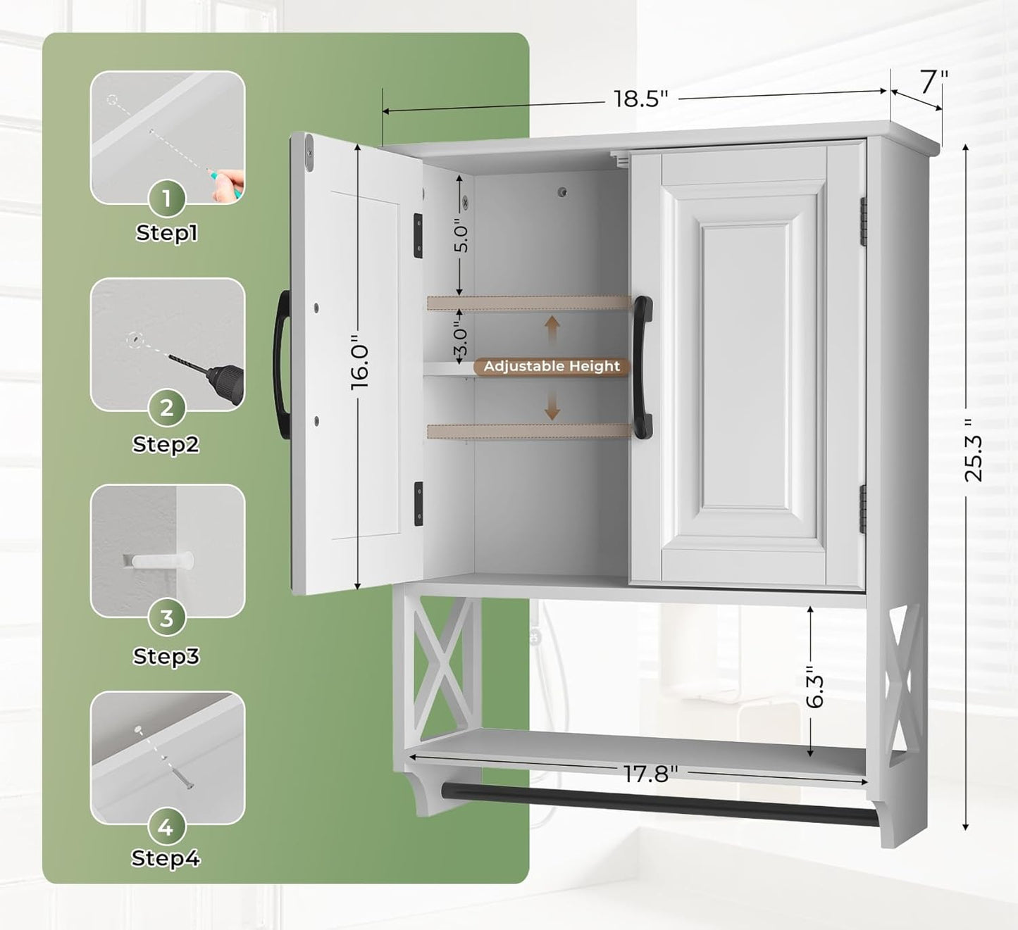 Bathroom Cabinet Wall Mounted, White Bathroom Wall Cabinets with Towel Bar and 2 Doors, Wooden Medicine Cabinet with Adjustable Shelf, Open Storage - NestledHome