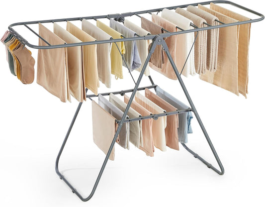 SONGMICS Clothes Drying Rack, with Sock Clips, Metal Laundry Rack, Foldable, Space-Saving, Free-Standing Airer, with 2 Height-Adjustable Gullwings, Indoor Outdoor Use, Gray ULLR052G01 - NestledHome