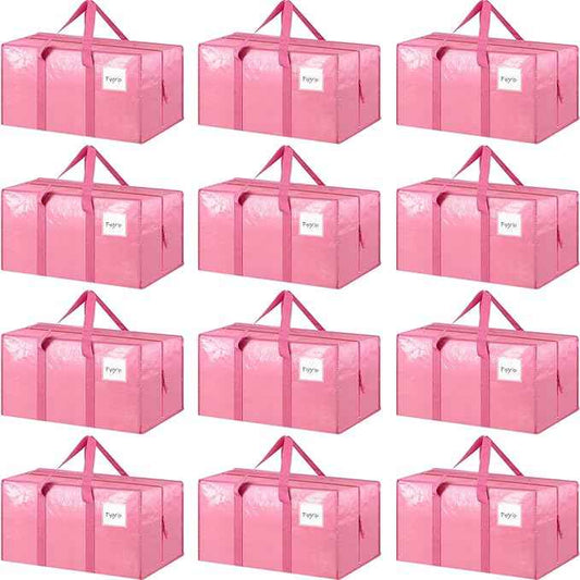 12 Pack Extra Heavy Duty Large Moving Bags with Strong Zipper & Comfortable Handles, Sturdy & Durable Clothes Storage Bags Totes Bins, Packing Moving Boxes for College Supplies, Pink