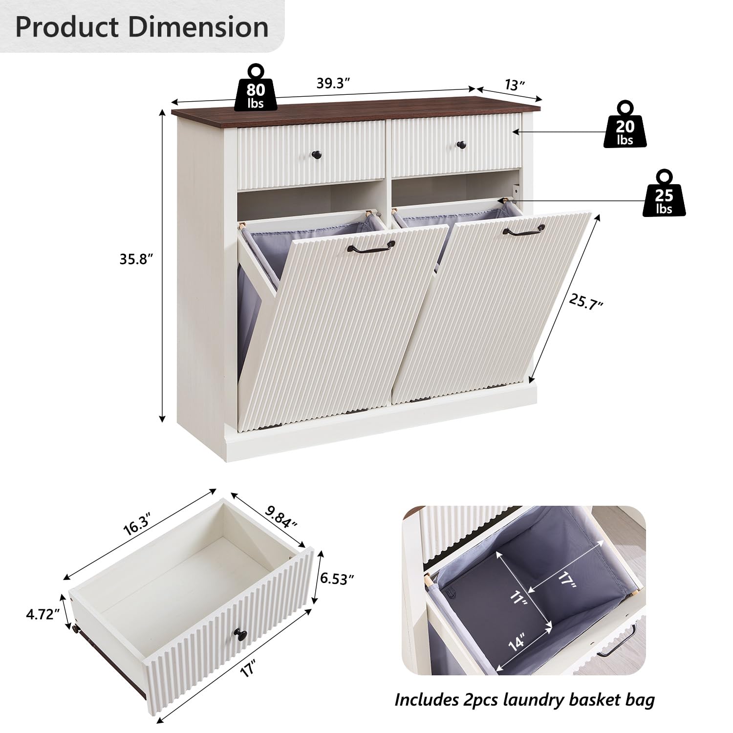 Modern Double Tilt-Out Trash Cabinet, 20 Gallon Fluted Laundry Hamper Cabinet w/2 Drawers, Wooden Hidden Garbage Can Cabinets with Storage Basket,Free Standing for Kitchen & Living Room, White - NestledHome