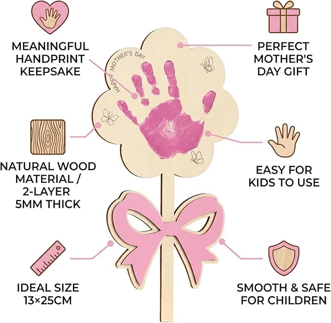 HYPERI DIY Mothers Day Crafts for Kids Handprint Art, Handprints Wooden Rose Flower Bouquet, Mothers Day Gifts for Mom from Kids, for Grandma from Grandkids, Mothers Day Keepsake Craft (Ribbon)