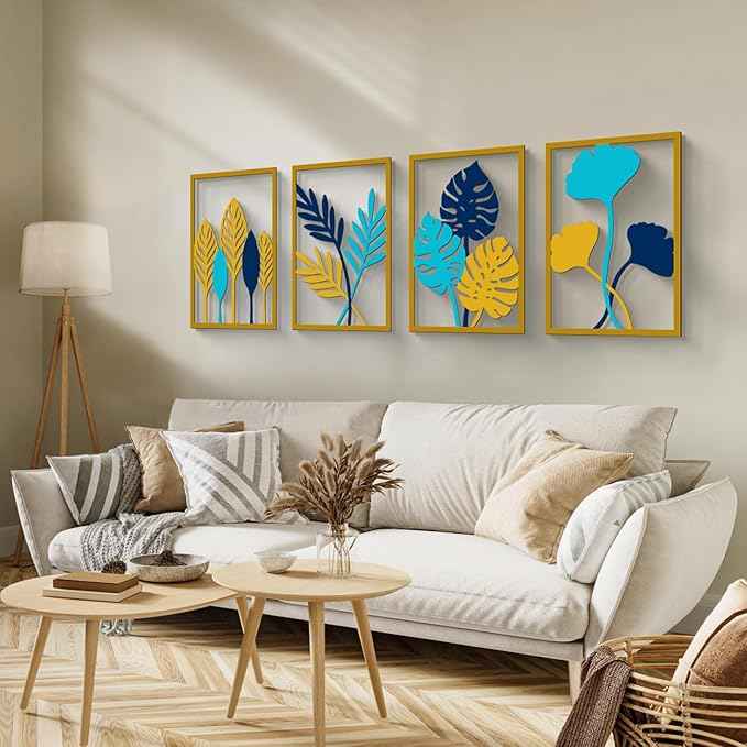 Glamativity Large 4 Pcs Colorful And Black Double-Sided Gold Leaf Metal Wall Art, 22.5 x 15.7'' Botanical Abstract Wall Décor Metal Leaf with Frame, 3D Textured Sculptures, Modern Wall Art With Ginkgo Biloba Design for Living Room Bedroom Bathroom Stud...