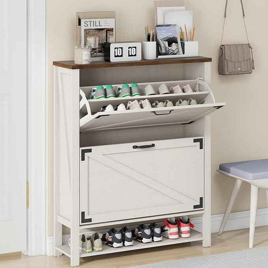 Vabches Shoe Storage Cabinet, Farmhouse Freestanding Organizer with 2 Flip Drawers, Wooden Hidden Narrow Slim Shoe Rack Cabinet for Entryway, Hallway, Foyer, White