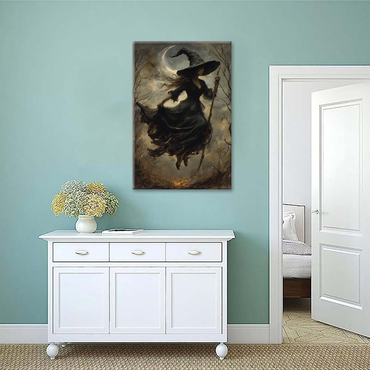 JFHCQJPK Witch in the Forest Halloween Print Wall Art Poster Witch Decor Vintage Print Dark College Wall Art Victorian Gothic Room Decor Canvas Wall Print12x16in Frameless