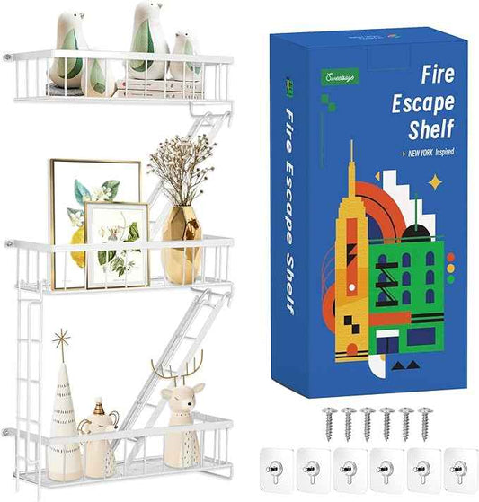 Fire Escape Shelf - 3 Tier White Wall Display Floating Shelves, Metal Decorative Shelving for Bedroom, Home Décor, Action Figure Display