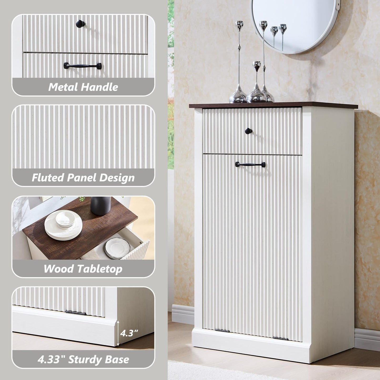 Modern Tilt-Out Trash Can Cabinet, 10 Gallon Fluted Laundry Hamper Cabinet with Drawers, Wooden Hidden Garbage Can Cabinets with Storage Basket, Free Standing for Kitchen and Living Room, White - NestledHome