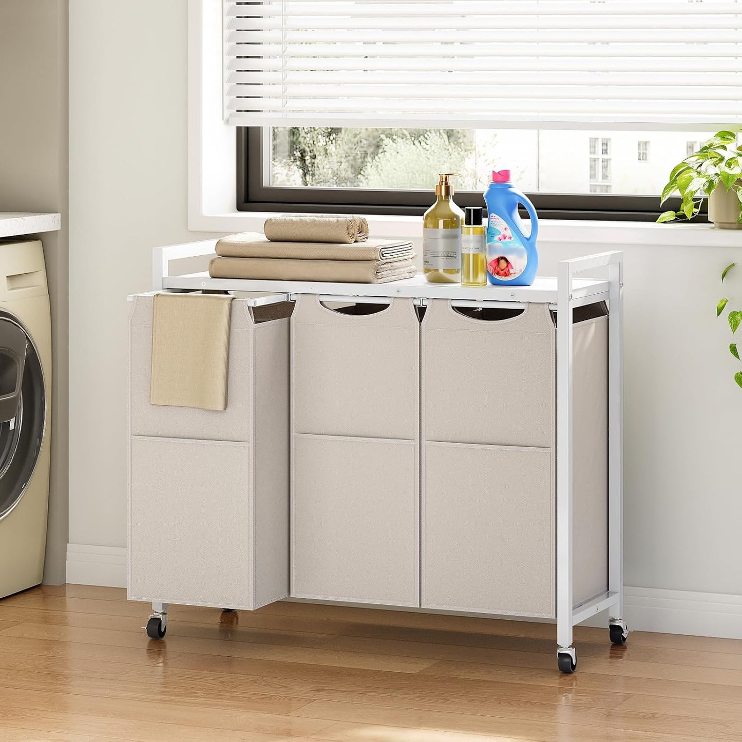 HOOBRO Laundry Sorter 3 Section, Laundry Hamper with Wheels, 3 × 11.5 Gal (43.4L), Rolling Laundry Basket, Pull-Out and Removable Oxford Fabric Bags, White WG76XY01 - NestledHome