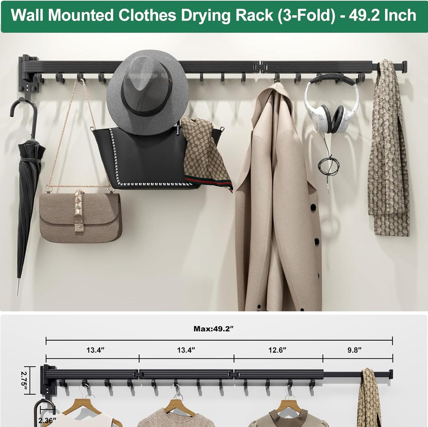 Wall Mount Clothes Drying Rack, Wall Mounted Drying Rack, Upgraded 3-Fold & Sturdy Laundry Drying Rack with 12 Dual-Side Hooks Space Saver for Laundry Room, Apartment, Dorms - Black - NestledHome