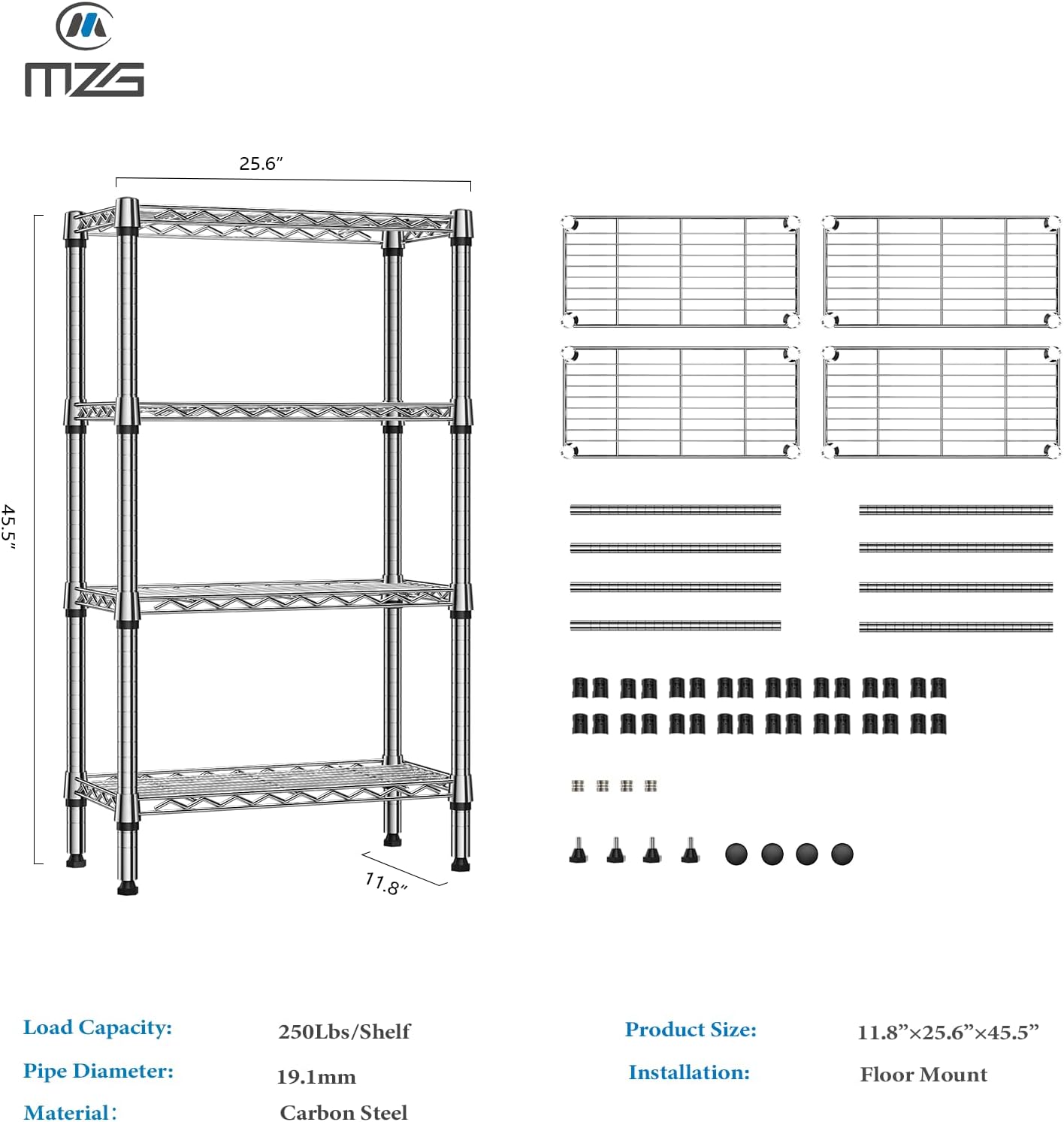 1000 lbs 4 Tier Shelf Metal Storage Shelves Wire Rack Closet Organizers for Garage Kitchen Bathroom Laundry Chrome 11.8" D x 25.6" W x 45.5" H - NestledHome