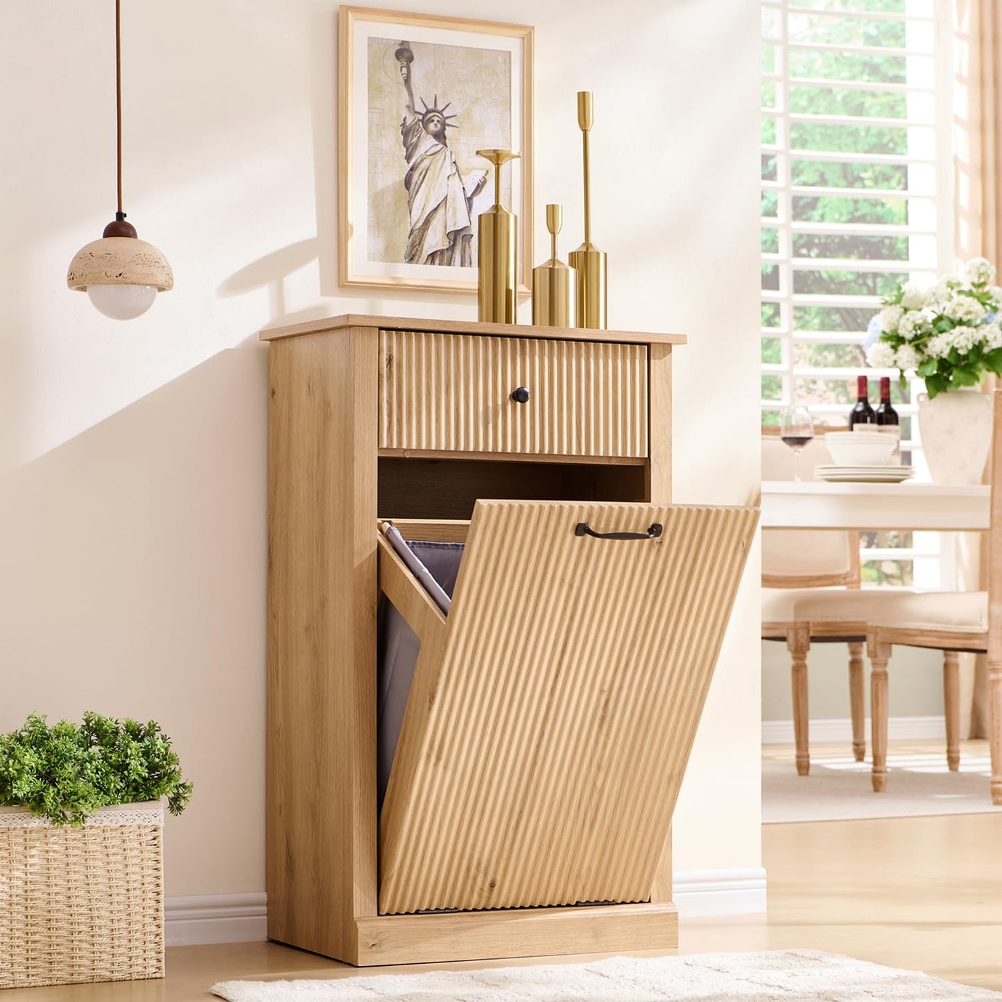 Modern Tilt-Out Trash Can Cabinet, 10 Gallon Fluted Laundry Hamper Cabinet with Drawers, Wooden Hidden Garbage Can Cabinet w/Storage Basket, Free Standing for Kitchen & Living Room,Natural Oak - NestledHome