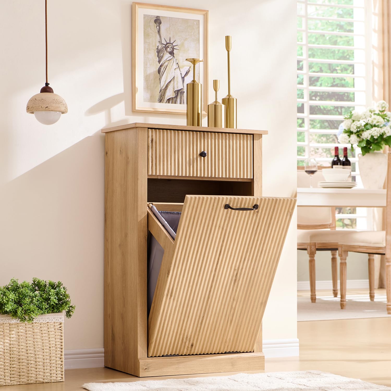 Modern Tilt-Out Trash Can Cabinet, 10 Gallon Fluted Laundry Hamper Cabinet with Drawers, Wooden Hidden Garbage Can Cabinet w/Storage Basket, Free Standing for Kitchen & Living Room,Natural Oak - NestledHome