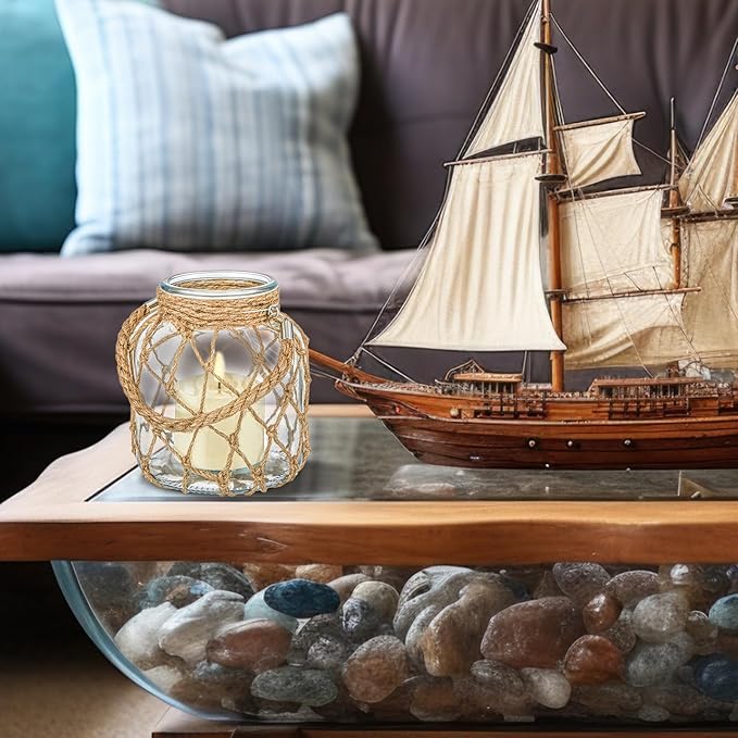 2 Set Nautical Candle Lantern with Rope Handle Coastal Glass Jar Battery Operated LED Flameless Lantern for Room Party Sea Beach House Table Centerpieces Decoration 5.5" x 5.5" x 6.3"