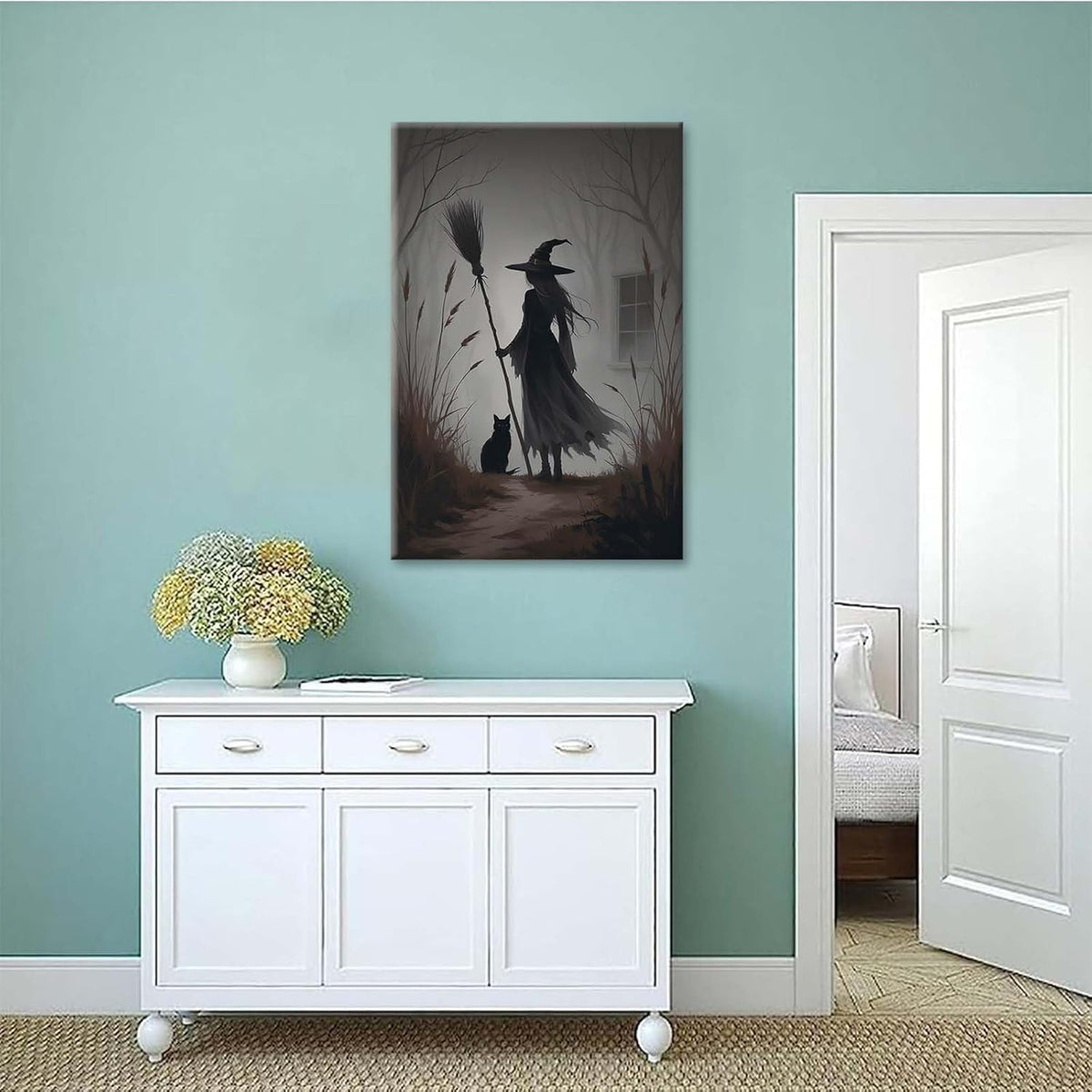 Vintage forest witch and black cat poster Halloween mural poster decoration mural art magic suitable for home living room bedroom8x12in Wood Framed