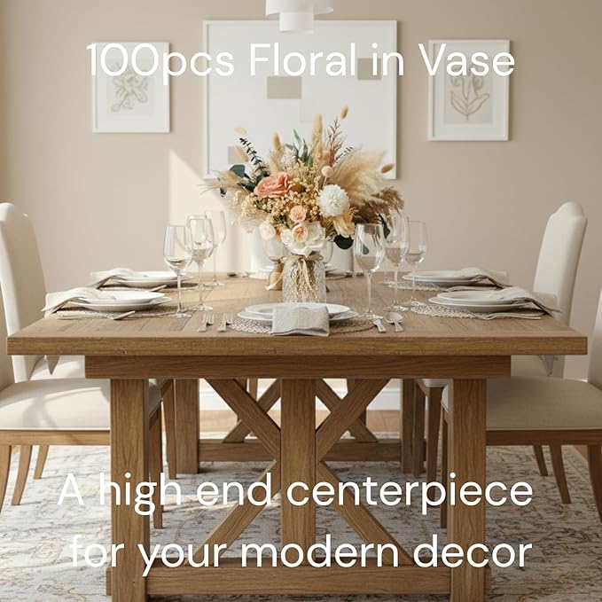 Luxury Floral Arrangement with Vase - Pampas Grass & Artificial Flowers for Kitchen Island, High End Centerpiece Decor, Coffee Table & Dining Table, Farmhouse Boho Home Decor with Dried Flowers