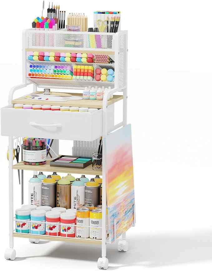 Art cart, 3 Tier Rolling Cart - Utility Cart with Storage Drawer and Wheels, Versatile Art & Craft Organizer for Home, Office, or Studio Ideal for Storing Brushes, Paints （ White）