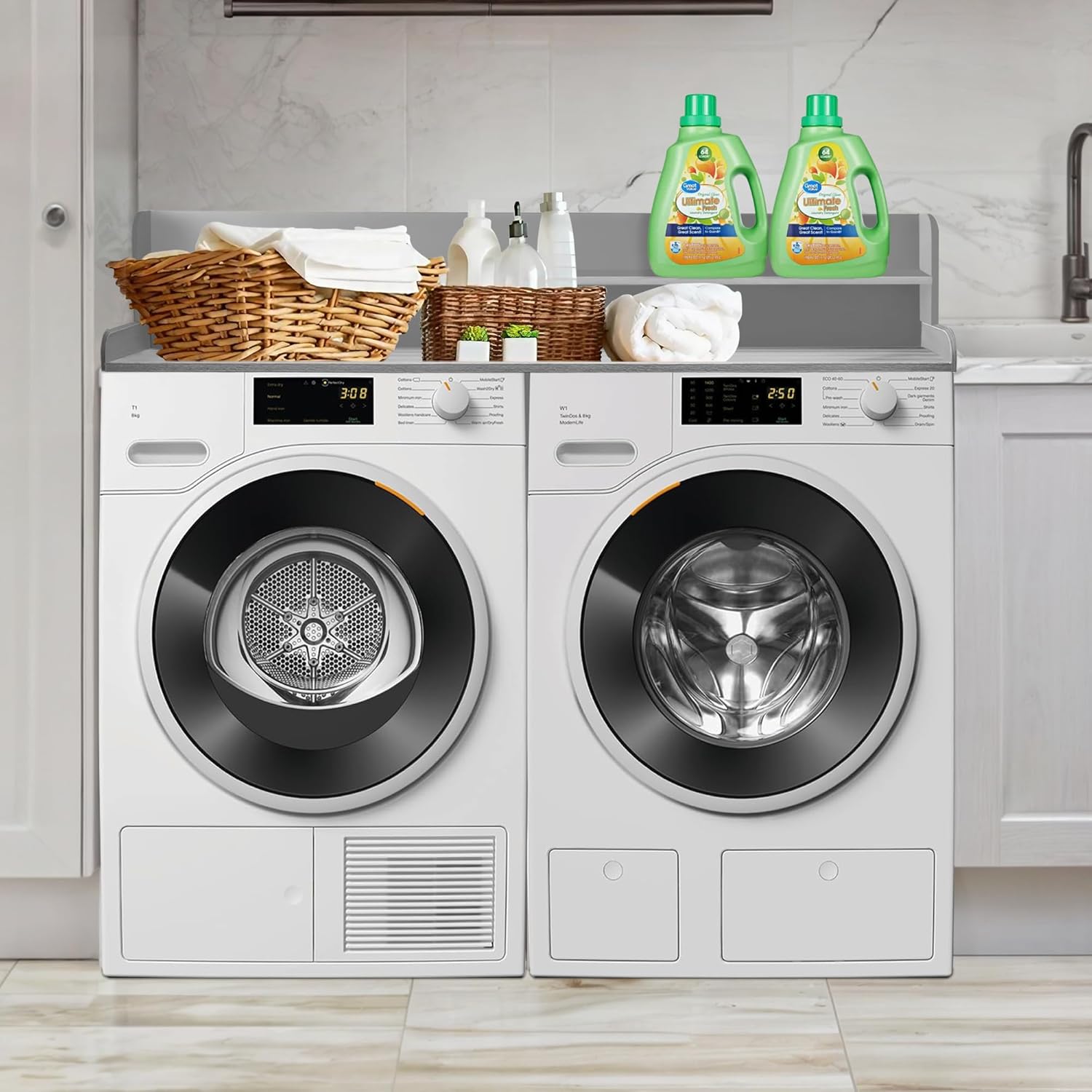 Royxen Laundry Countertop with 2-Tier Shelf Universal Fit, Washer and Dryer Countertop with Storage Space, Shelf Height 11.5 Inches, Solid Wood, Grey - NestledHome