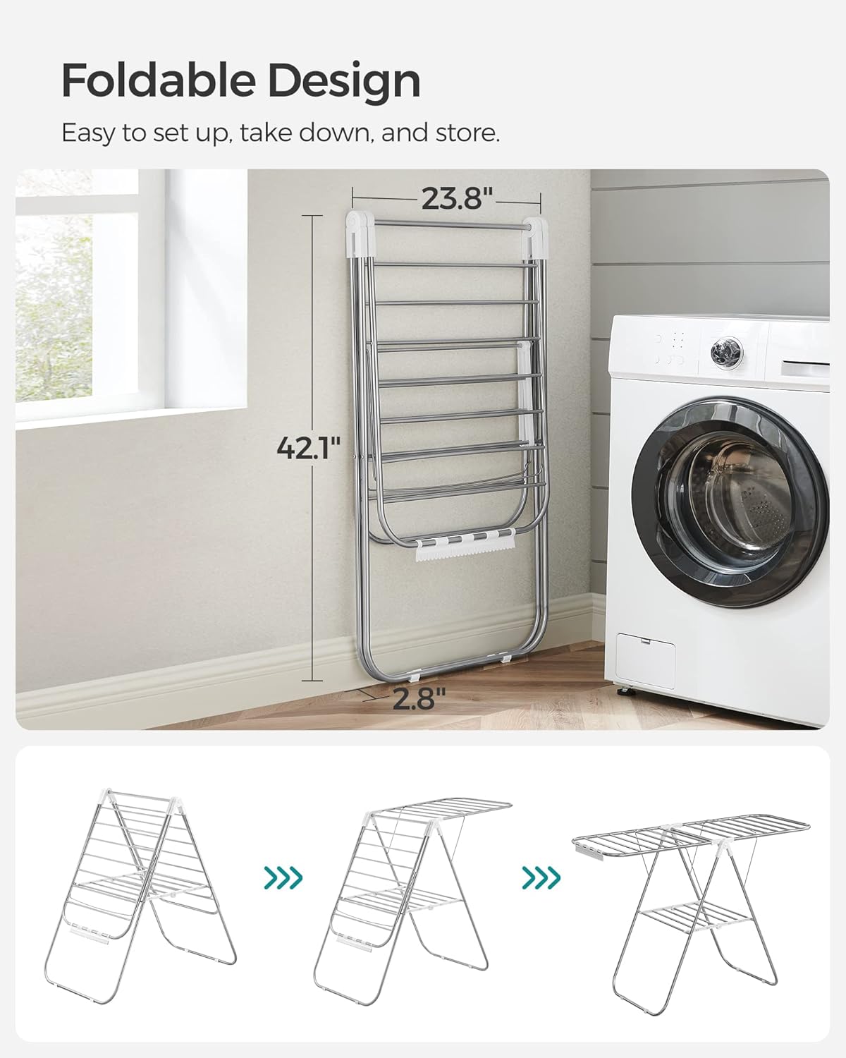 SONGMICS Clothes Drying Rack, with Sock Clips, Metal Laundry Rack, Foldable, Space-Saving, Free-Standing Airer, with 2 Height-Adjustable Gullwings, Indoor Outdoor Use, Silver and White ULLR052W01 - NestledHome