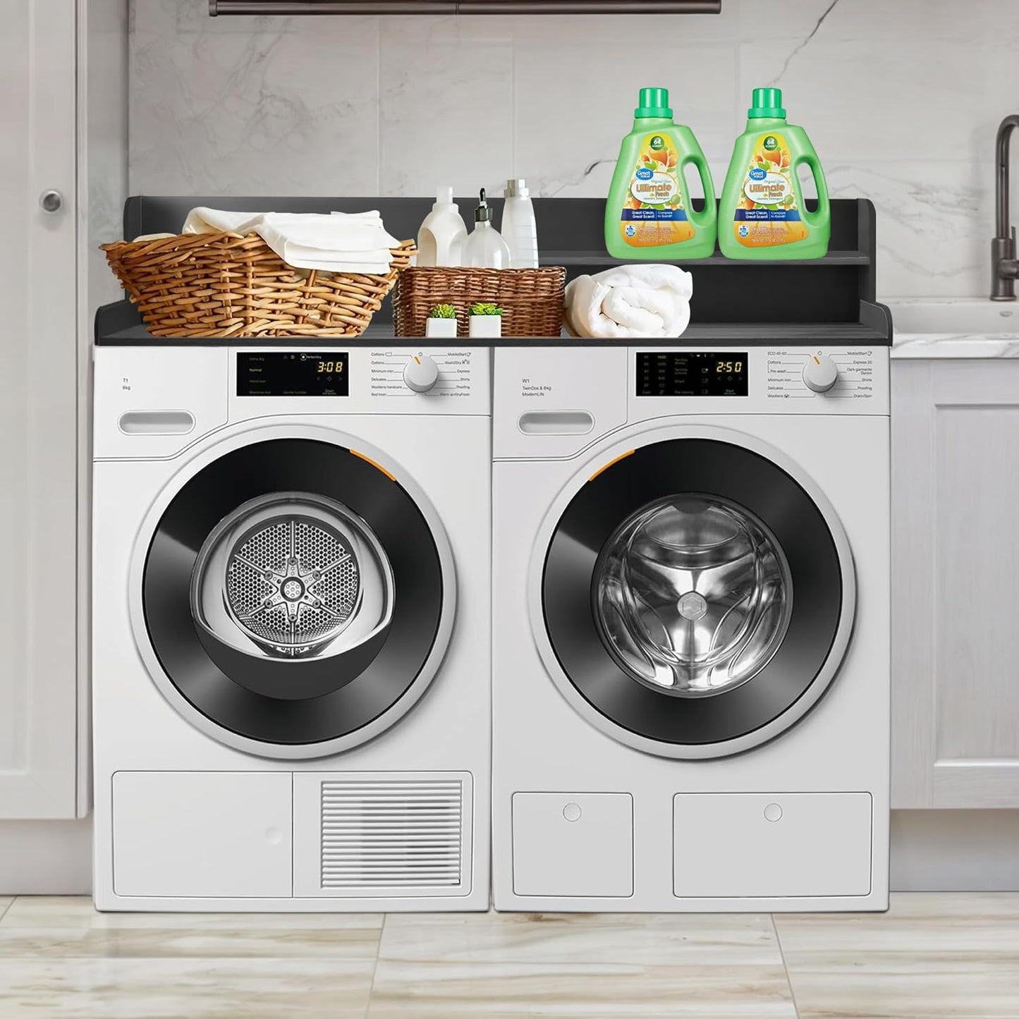 Royxen Laundry Countertop with 2-Tier Shelf Universal Fit, Washer and Dryer Countertop with Storage Space, Shelf Height 11.5 Inches, Solid Wood, Black - NestledHome