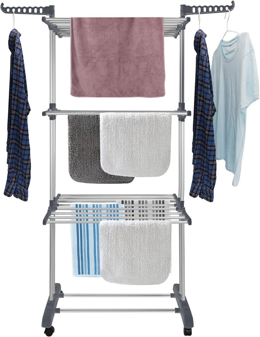 Bigzzia Clothes Drying Rack Folding Drying Rack Clothing 4 Tier Clothes Horses Rack Stainless Steel Laundry Drying Rack with Two Side Wings Grey - NestledHome