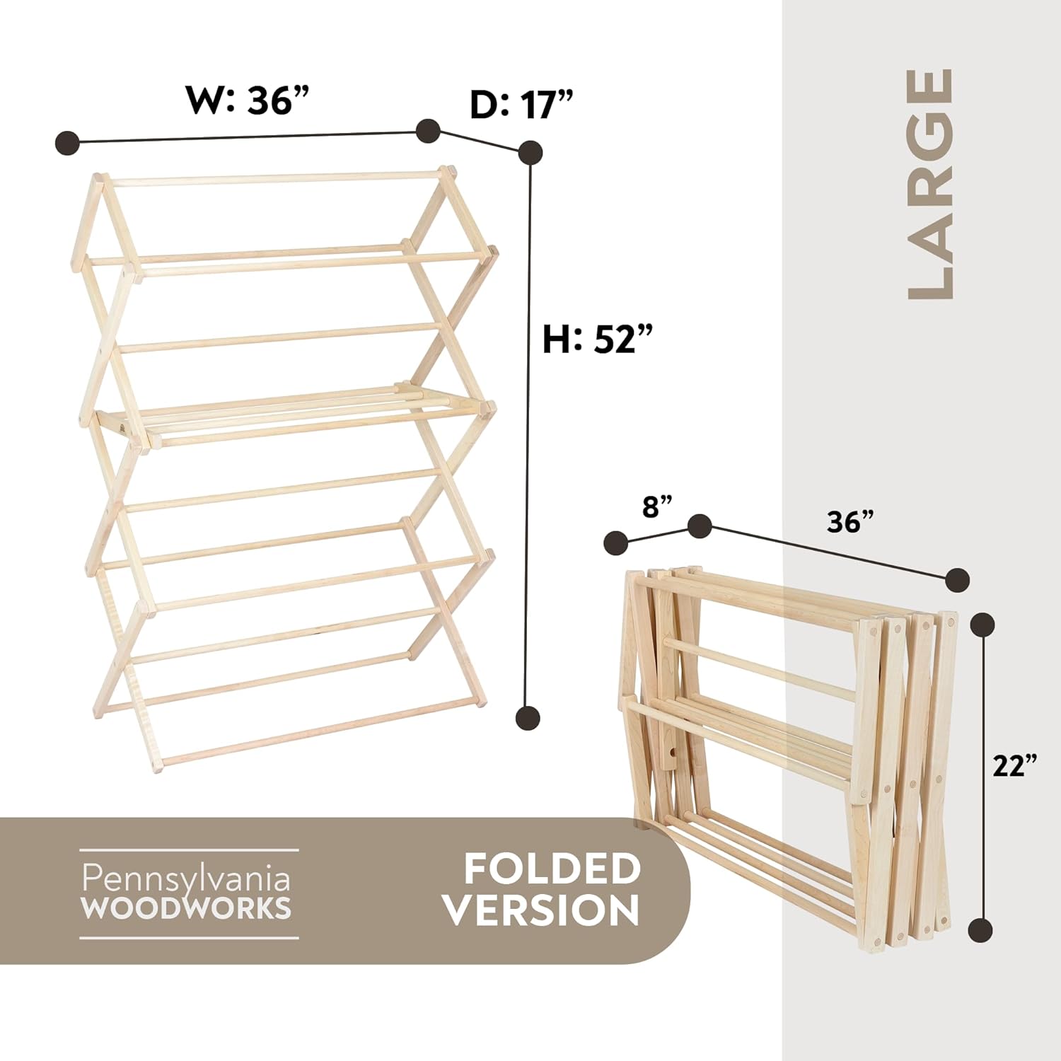 Pennsylvania Woodworks Clothes Drying Rack: Solid Maple Hard Wood Laundry Rack for Sweaters, Blouses, Lingerie & More, Durable Folding Drying Rack, Made in USA, No Assembly Needed, Large - NestledHome
