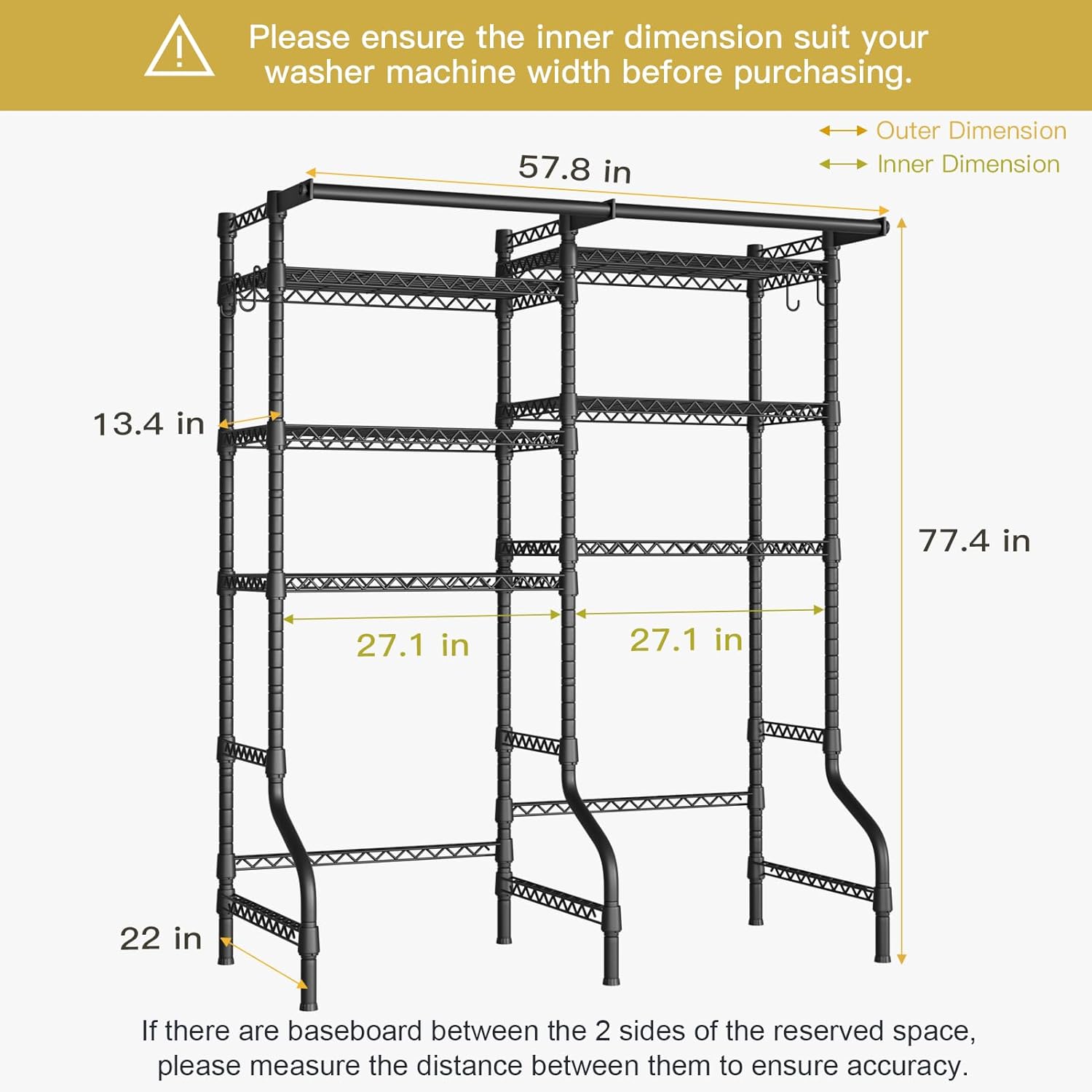 Ulif U13 Medium Over Washer and Dryer Storage Shelves, 6 Tiers Laundry Room Standing Shelf with 2 Hanger Rods, Space Saver Clothes Drying Rack, 57.8" W x 22" D x 77.4" H, Black - NestledHome