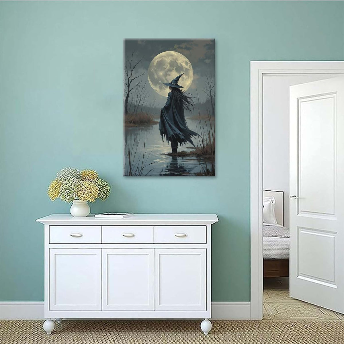 Witch in the moonlight magic canvas wall art enchanting Halloween home decor swamp witch silhouette oil painting mysterious gothic aesthetic wall decor print poster16x24in Wood Framed
