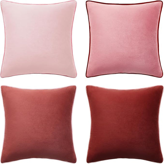 MONDAY MOOSE Decorative Throw Pillow Covers Cushion Cases, Set of 4 Soft Velvet Modern Double-Sided Designs, Mix and Match, Pillow Inserts Not Included (22x22 inch, Pink/Dark Pink)