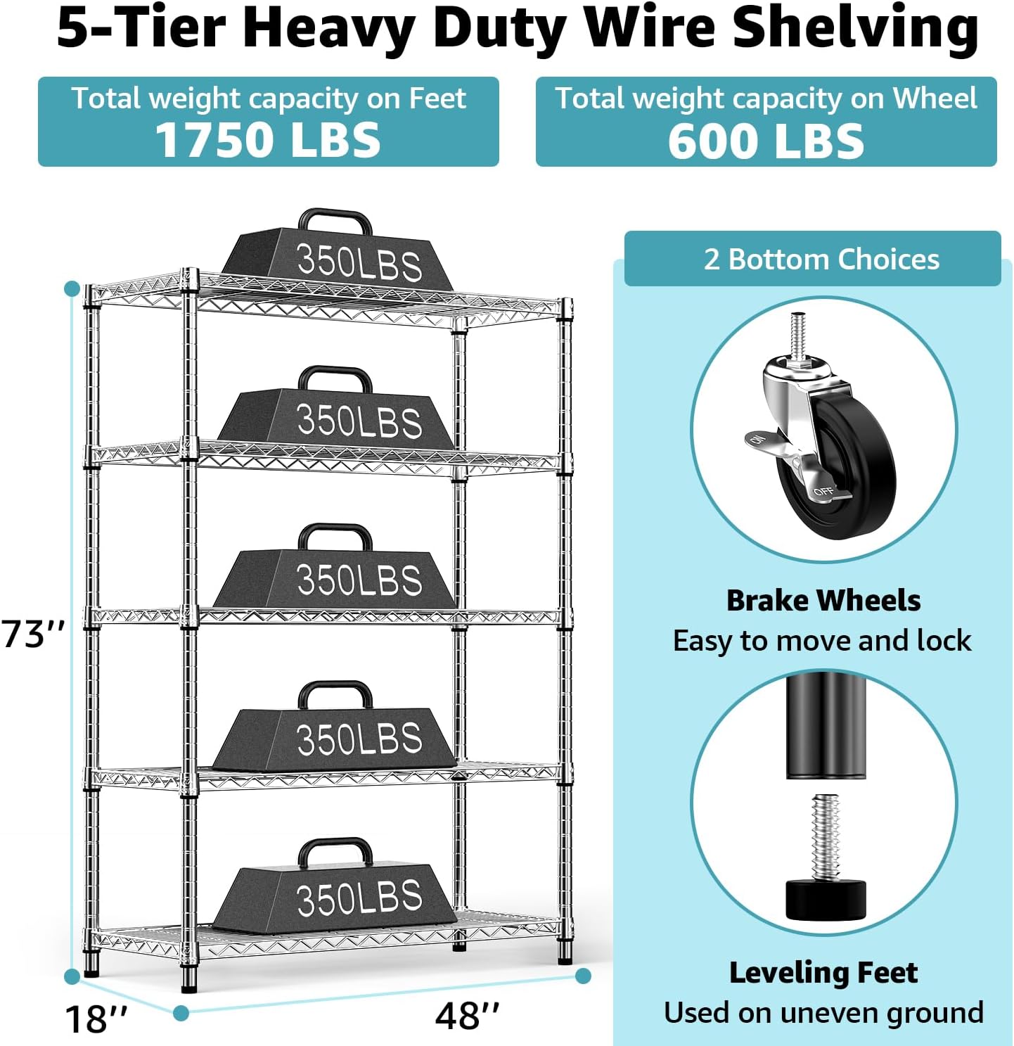 5-Shelf Storage Shelves,Wire Shelving Heavy Duty Metal Storage Shelving Unit Adjustable Garage Shelving Rack Pantry Kitchen (Chrome, 5 Tier,17.7" D x 47.2" W x 76.7" H) - NestledHome