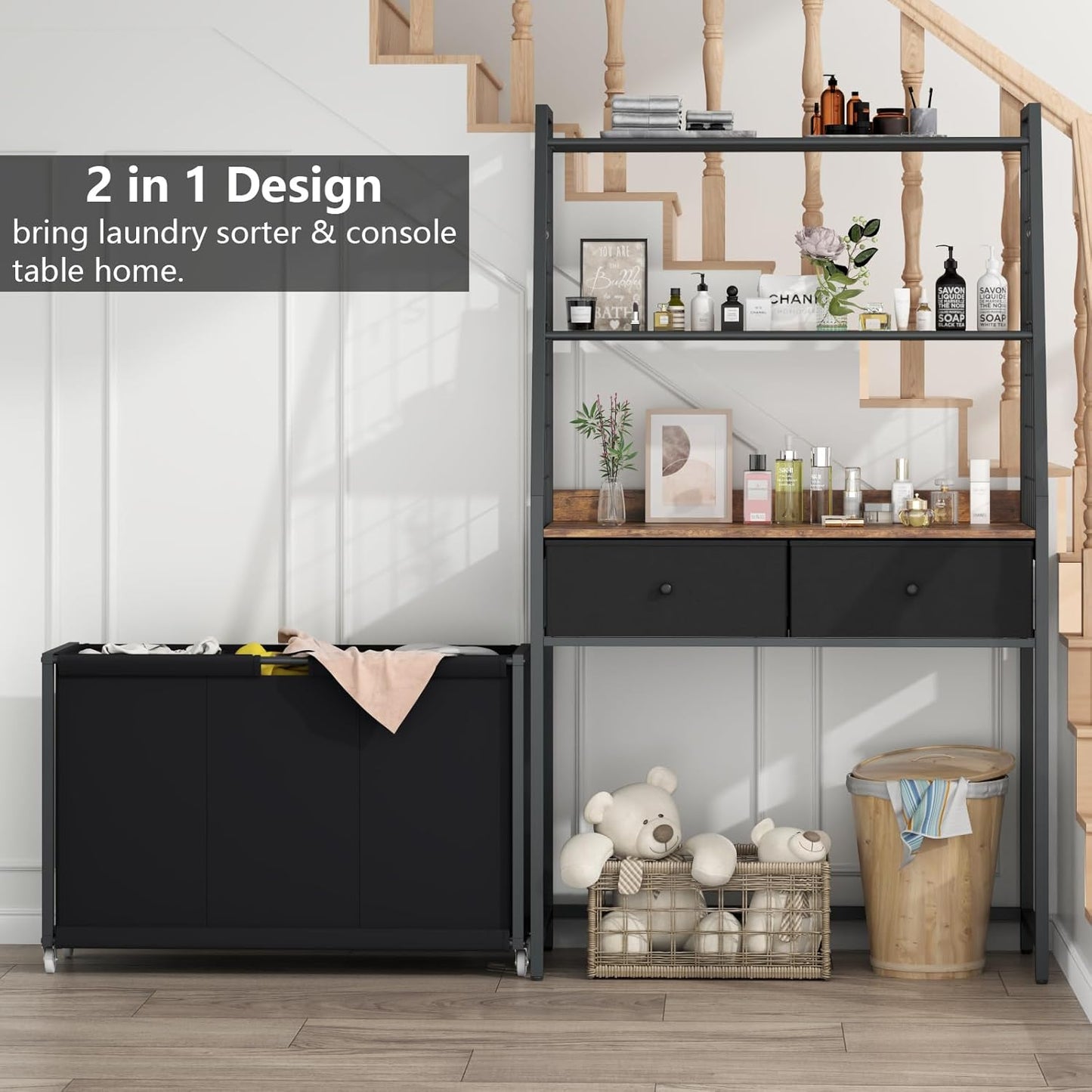 Laundry Hamper Laundry Basket with 3 Section Pull-Out Rolling Bags & 2-Tier Storage Shelf, Laundry Sorter for Organization and Storage with 2 Drawers for Laundry Room, Bathroom - NestledHome