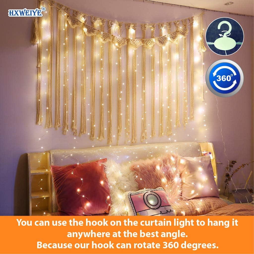 HXWEIYE 2 Pack Warm White 300LED Curtain Fairy Lights, 9.8x9.8Ft Led String Light with Rotating Clips & 12 Hooks, Timer & 8 Modes USB Plug-in DIY Decorative Light for Bedroom Indoor Outdoor Wedding