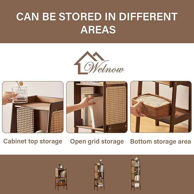 Welnow Bamboo Rattan Bookcase with Cabinet, 1-Tier Storage Shelf with Side Table & End Table Function, Large Modern Wood Organizer for Living Room or Bedroom, Walnut Bookshelf