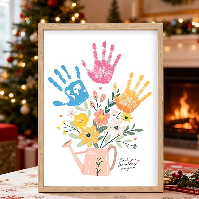 Totomogug Handprint Flower Bouquet Art Kit – 2 Large Sheets (12"x16") with Wood Frame, Non-Toxic 6-Color Inkpad, DIY Keepsake Craft Gift for Mom & Grandma for Mother's Day Birthday Thanksgiving