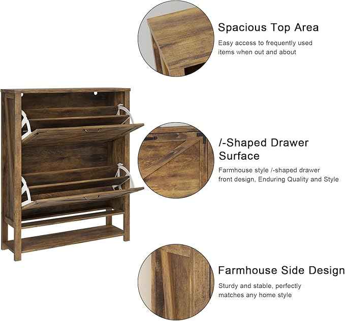 Vabches Shoe Storage Cabinet, Farmhouse Freestanding Organizer with 2 Flip Drawers, Wooden Hidden Narrow Slim Shoe Rack Cabinet for Entryway, Hallway, Foyer, Brown