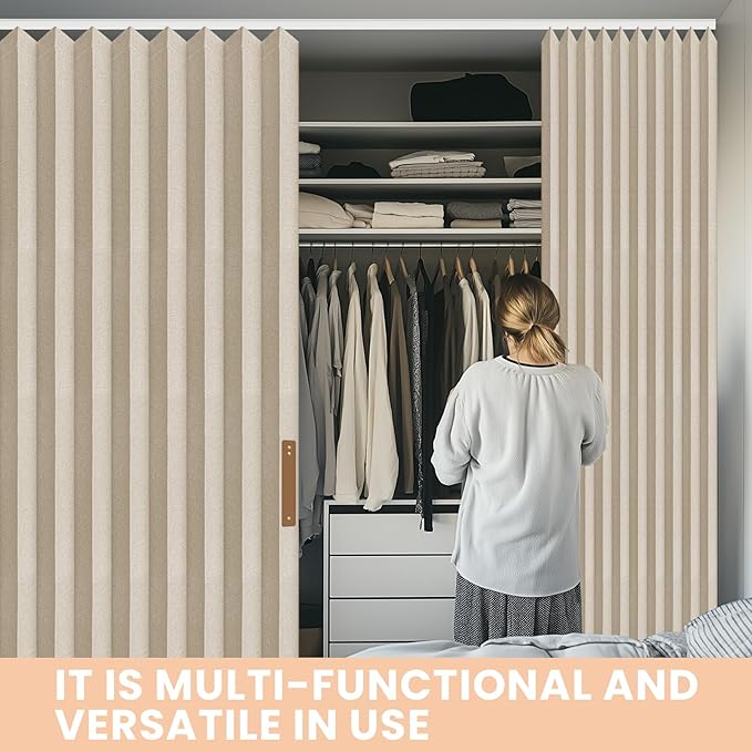ILRON Accordion Folding Room Partition with Ceiling Track - Retractable Room Divider Curtain, Effortless Setup(Beige 100" W x 96" L-Pack of 1)