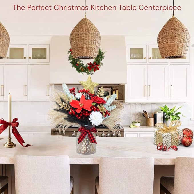 RyddeligHome Christmas Centerpieces for Tables in July, Holiday Table Decor, 100pcs Christmas Floral Arrangements in Vase, Pottery Xmas Decorations, Artificial Poinsettia Red Berry Pine Branches