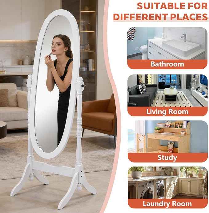 Full Length Mirror with Stand, Swivel Adjustable Oval Wood Cheval Floor Mirror, Dressing Cheval Mirror for Bedroom Livingroom, Interior Gift Idea (White)