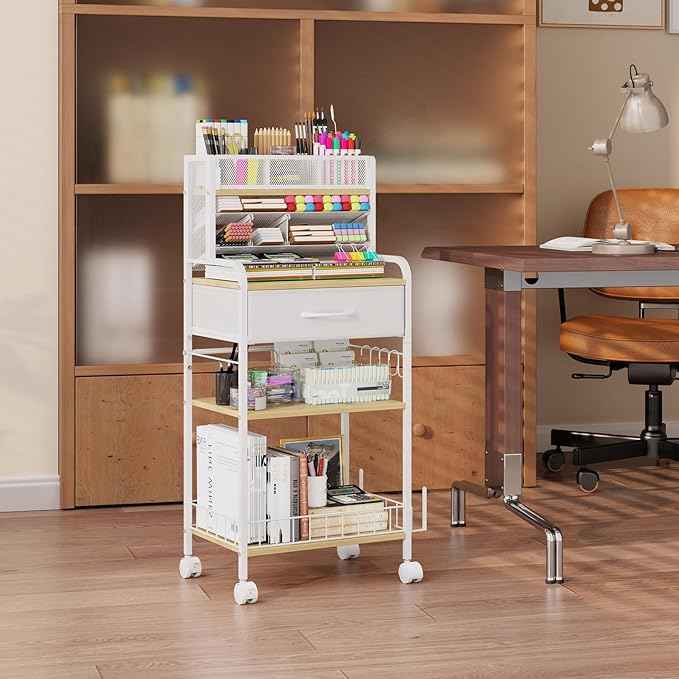 Art cart, 3 Tier Rolling Cart - Utility Cart with Storage Drawer and Wheels, Versatile Art & Craft Organizer for Home, Office, or Studio Ideal for Storing Brushes, Paints （ White）