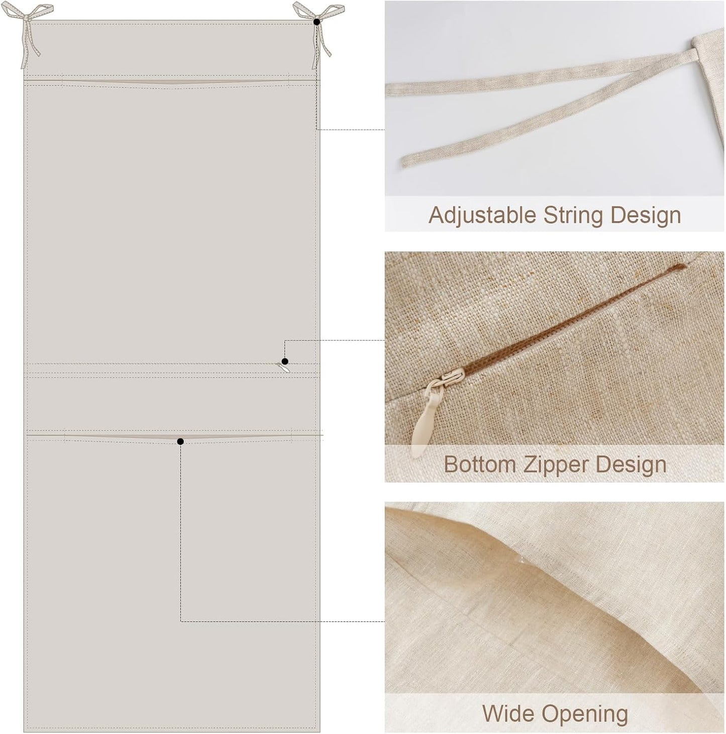 100% Linen Hanging Laundry Bag with 2 Compartments, Over the Door Laundry Hamper, Dirty Clothes Space Saving Organizer 19.7 x 47 Inches, Linen - NestledHome