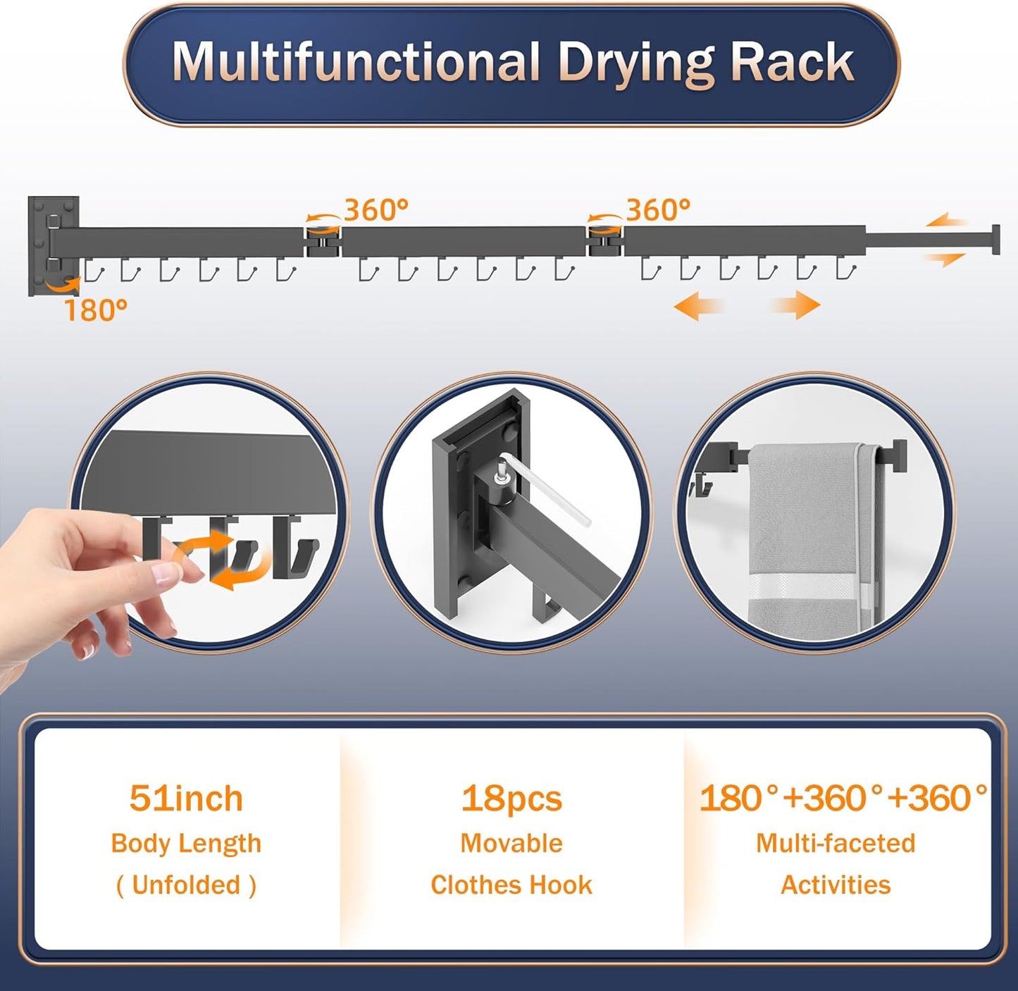 Clothes Drying Rack,Laundry Drying Rack Wall Mount, Space Saver Clothes Rack,Retractable,Collapsible(Tri-Fold), for Balcony,Laundry,Bathroom, Dark Grey Color,3z-g02 - NestledHome