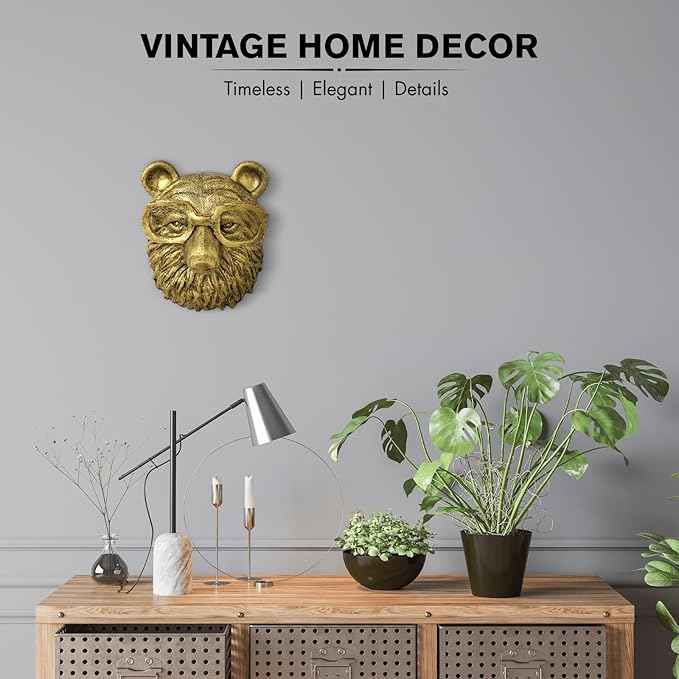 montresor Animal Head Wall Art Sculpture Gold Bear Vintage 3D Wall Decor Art for Whimsigoth Home Wall Decor Lightweight Material Accent Wall Hanging Room Decor for Maximalist Decor (Bear)