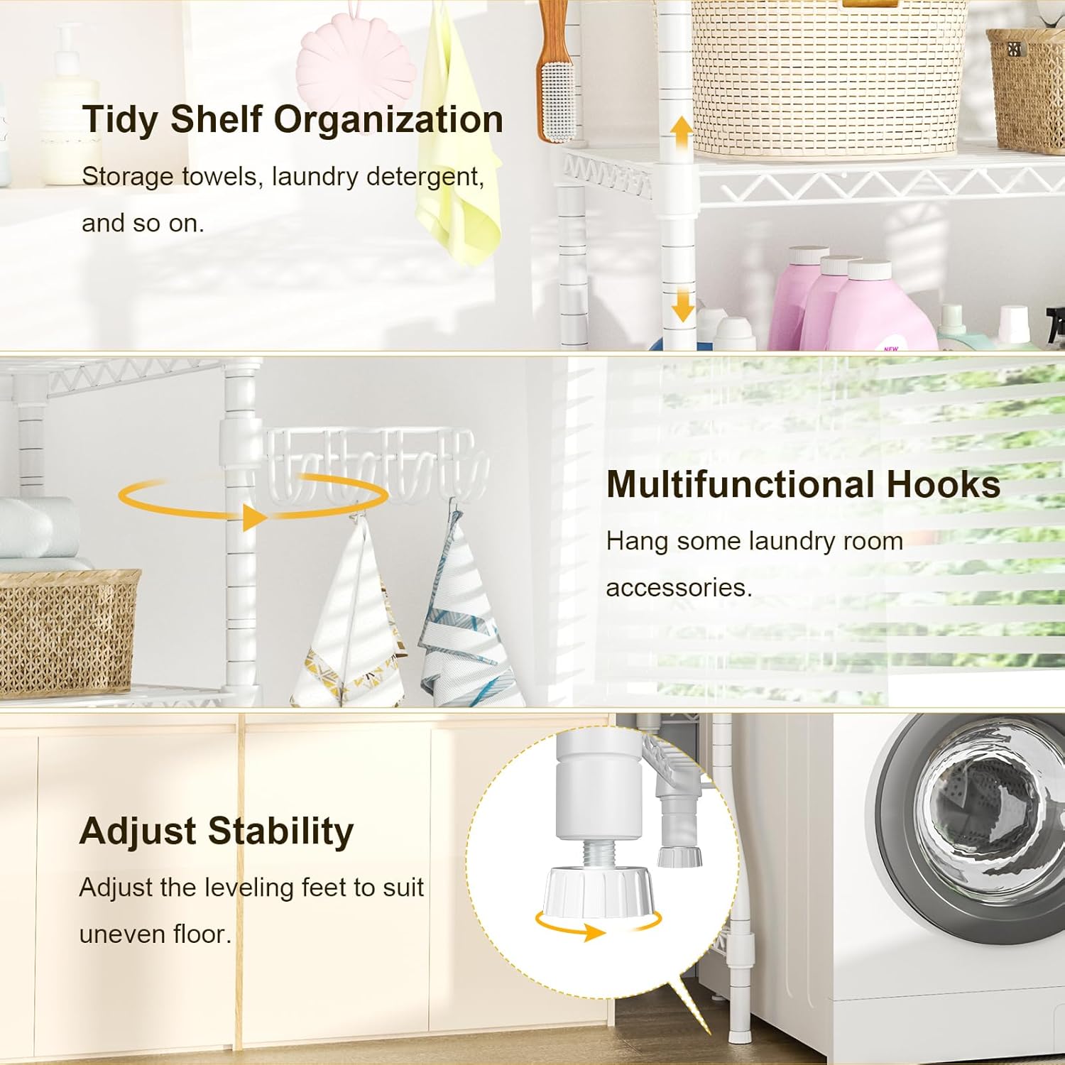 Ulif U8 Laundry Room Storage Organizer, Over The Washer and Dryer Storage Shelves for Laundry Organization, 35”W x 17.3”D x 76.2”H, Suit Washing Machine Width Within 32.6”, Hold 304 lb, White - NestledHome