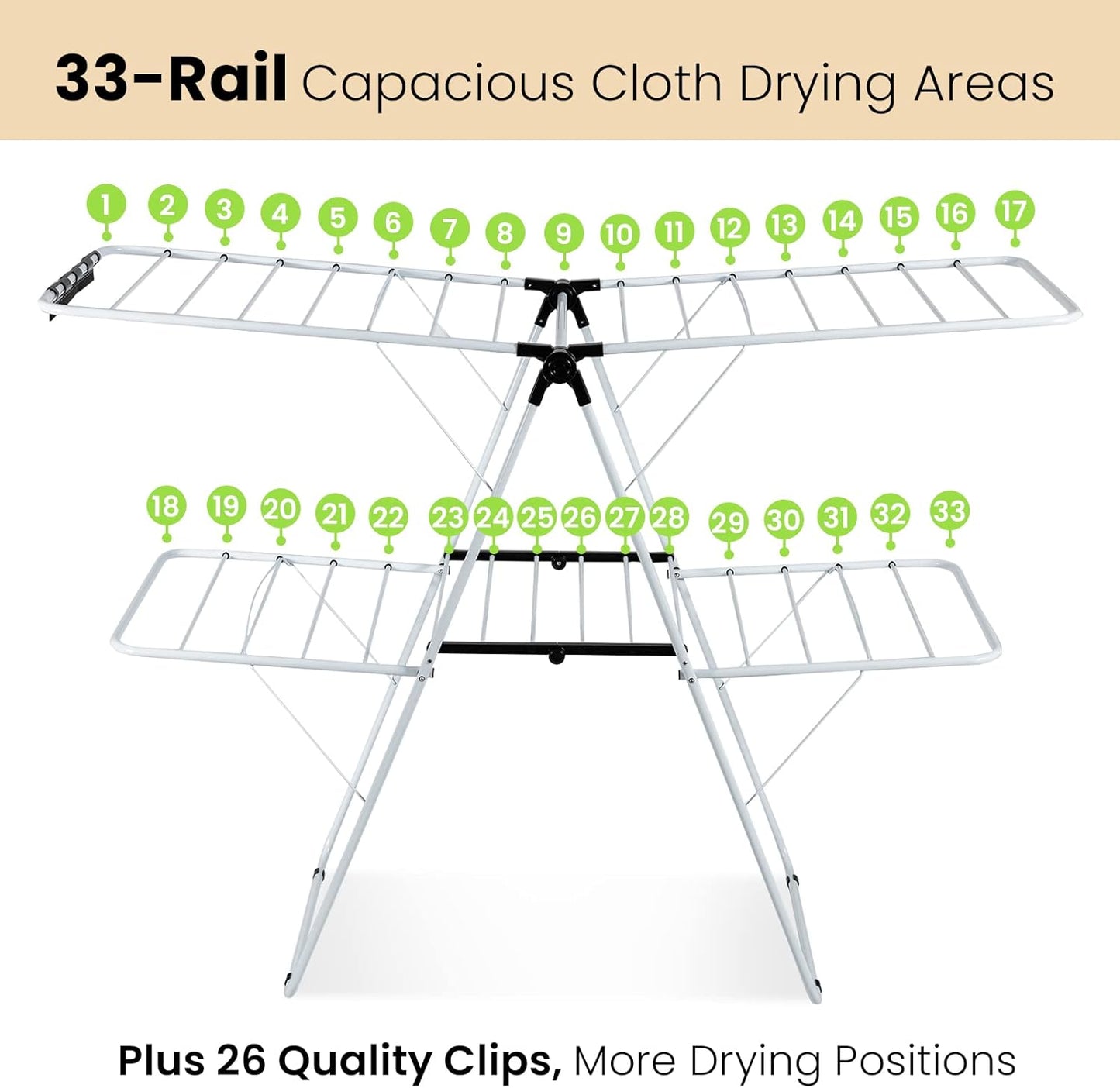 COSTWAY Clothes Drying Rack, Foldable 2-Level Laundry Drying Rack w/Height-Adjustable Wings, 33 Drying Rails & Sock Clips, Standing Large Drying Rack for Clothing, Indoor Outdoor Use - NestledHome