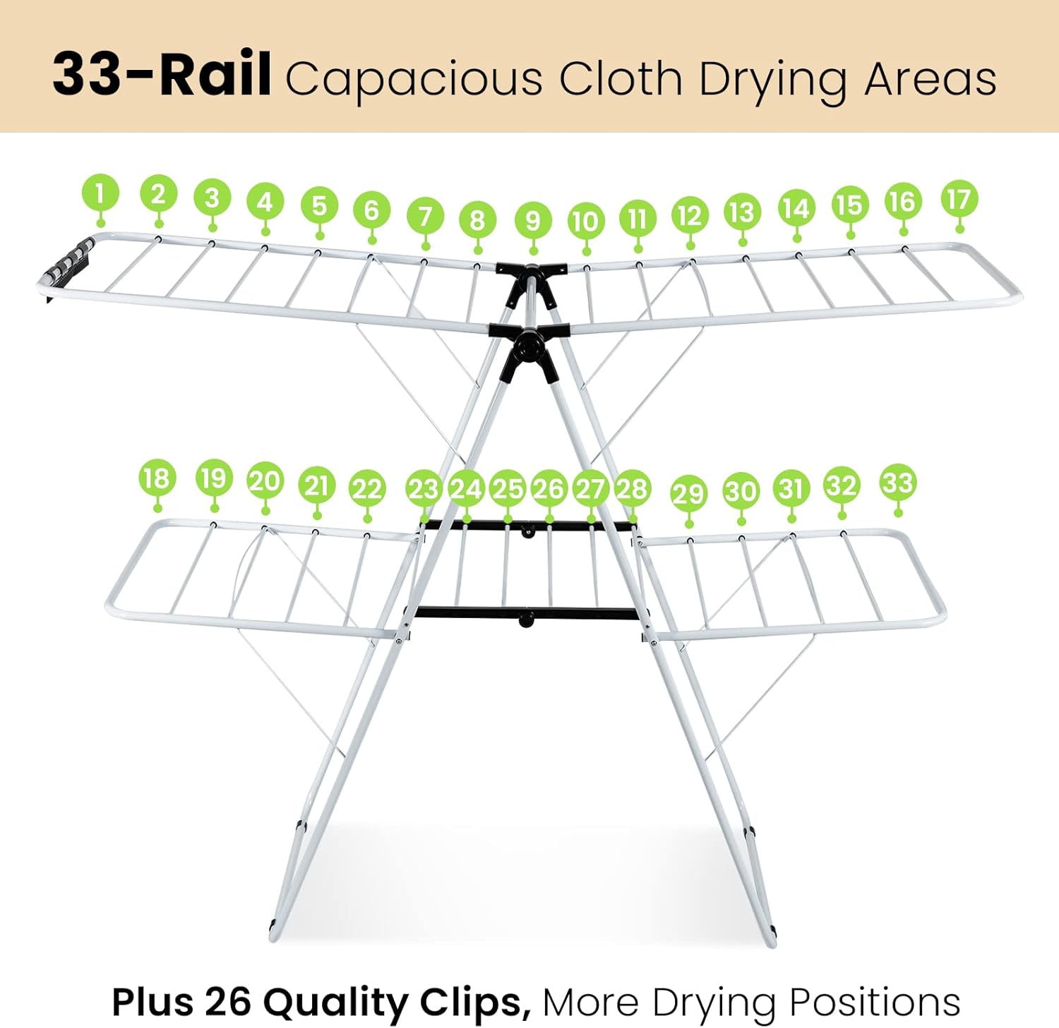 COSTWAY Clothes Drying Rack, Foldable 2-Level Laundry Drying Rack w/Height-Adjustable Wings, 33 Drying Rails & Sock Clips, Standing Large Drying Rack for Clothing, Indoor Outdoor Use - NestledHome