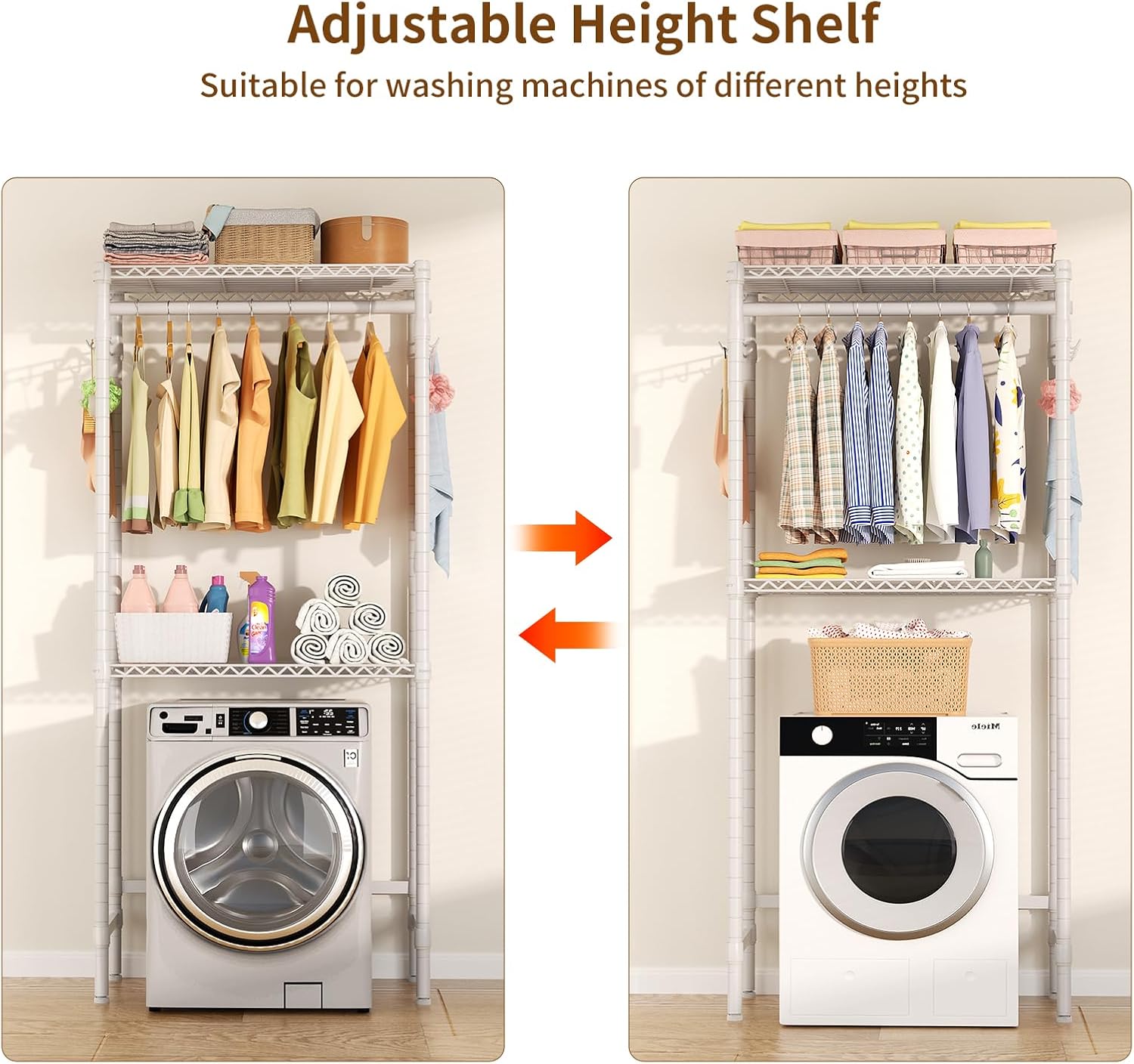 Over Washer and Dryer Shelves,2 Tier Adjustable Height Wire Shelving Laundry Room Storage Organization Clothes Drying Rack with Hanger Rod&Hooks,Space Saving Organizers Shelf,White - NestledHome
