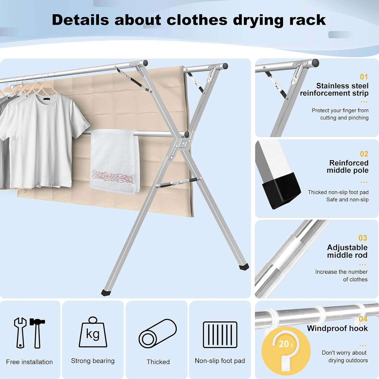 Sarahipe Sillars Clothes Drying Rack, 94.5 inches Laundry Drying Rack Clothing Foldable & Collapsible Stainless Steel Heavy Duty Clothing Drying Rack with Windproof Hooks for Indoor Outdoor - NestledHome