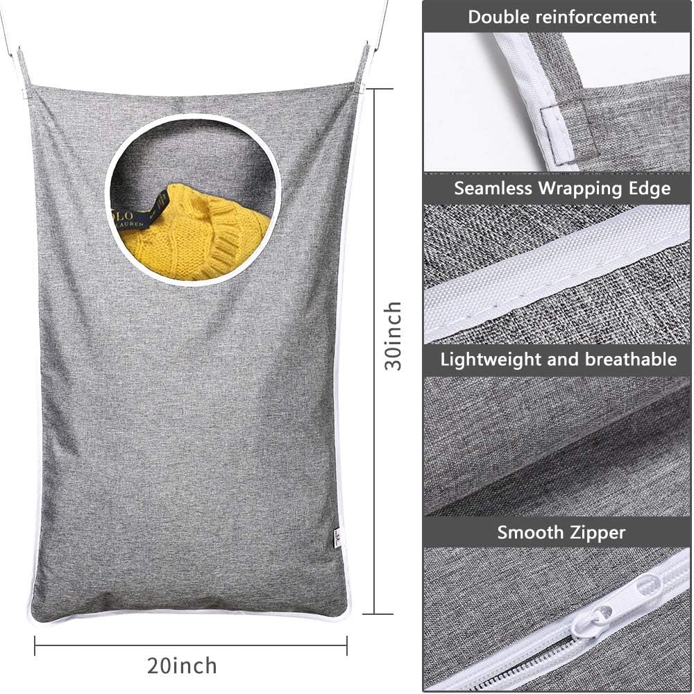 KEEPJOY Hanging Laundry Hamper Bag with Free Adjustable Stainless Steel Door 2 PCs Suction Cup Hooks, Best Choice for Holding Dirty Clothes and Saving Space, Grey - NestledHome